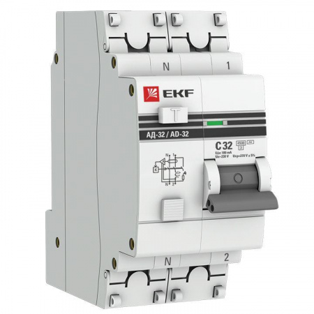 Выключатель автоматический дифференциального тока 2п C 32А 100мА тип AC 4.5кА АД-32 защита 270В электрон. PROxima EKF DA32-32-100-pro
